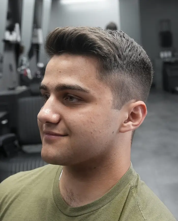 Taper fade with a quiff brushed up at ONYX barbershop in Hallandale Beach, FL